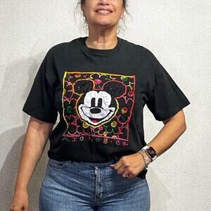 Walt Disney Black Sequins Mickey Mouse Vintage Short Sleeve Tee Sz L